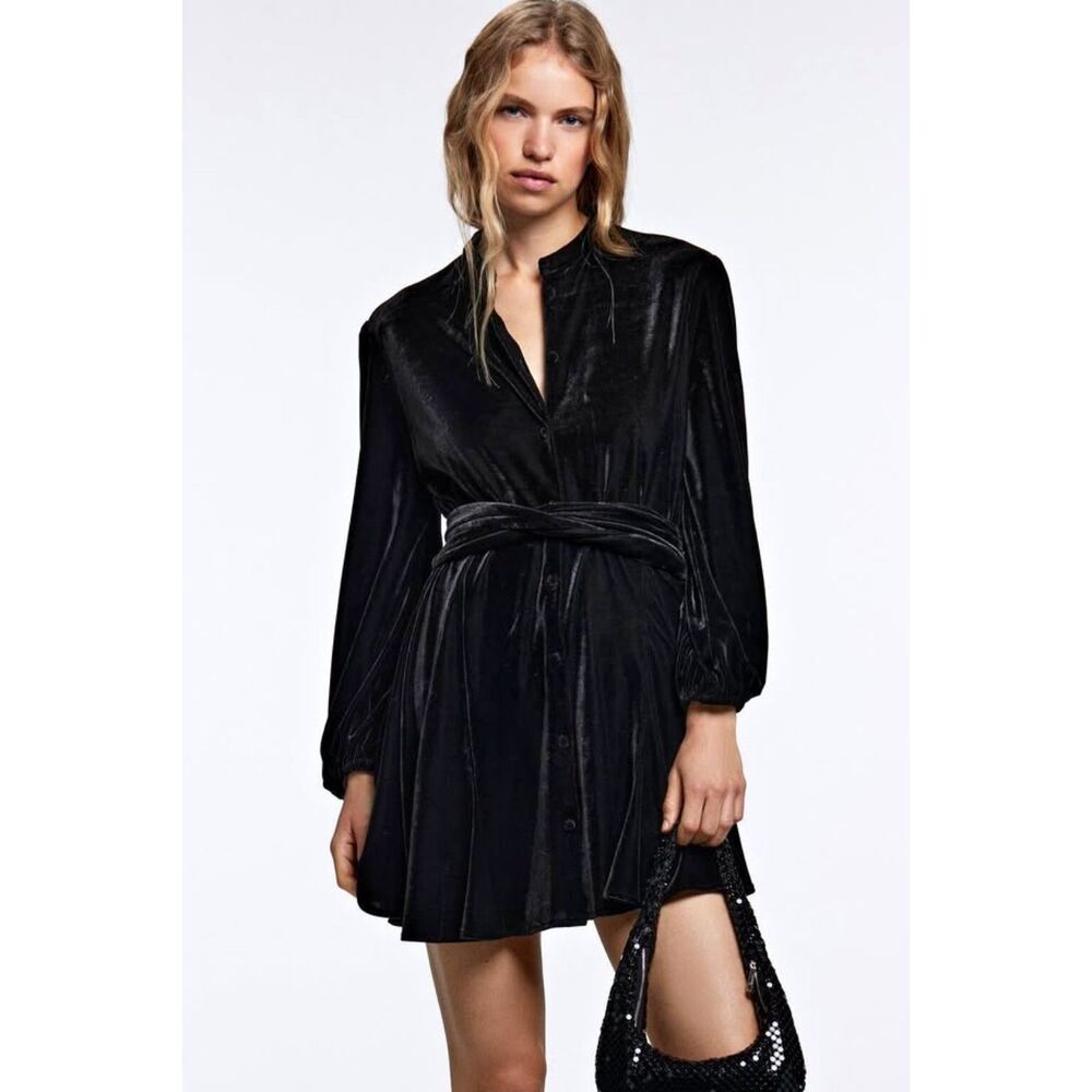 Zara Black Velvet Belted Balloon Sleeve Button Up Mini Dress size Medium